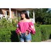Boho Style Embroidered Offshoulder Blouse Pink with Green/White Embroidery